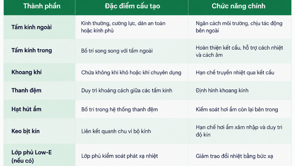 Bảng cấu tạo kính hộp và chức năng của từng thành phần