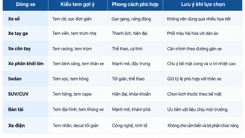 Bảng gợi ý lựa chọn tem xe theo từng dòng xe và phong cách phù hợp