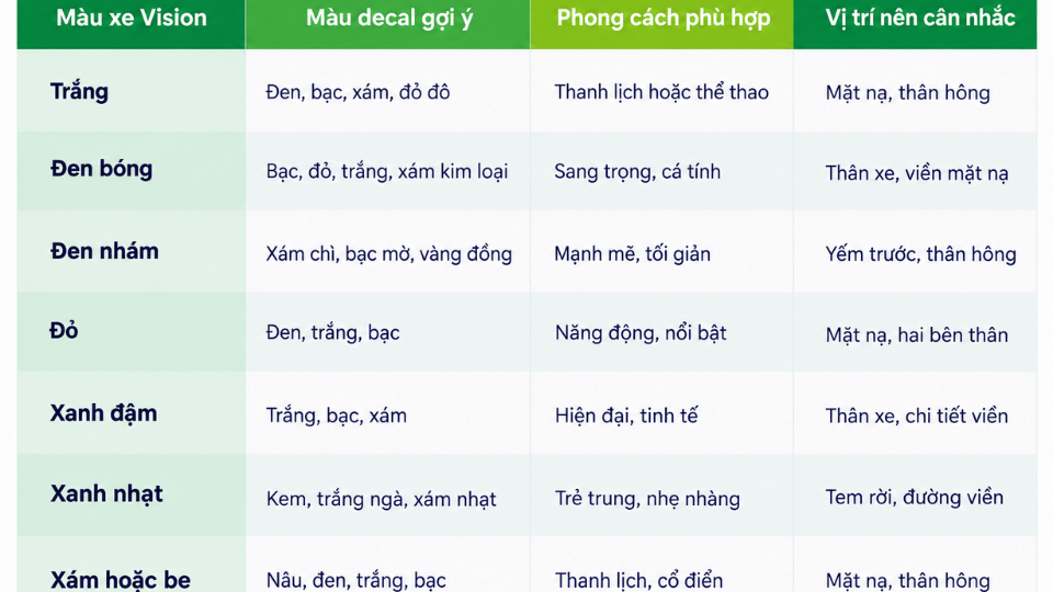 Bảng gợi ý phối màu decal khi dán xe Vision đẹp theo màu sơn và vị trí phù hợp