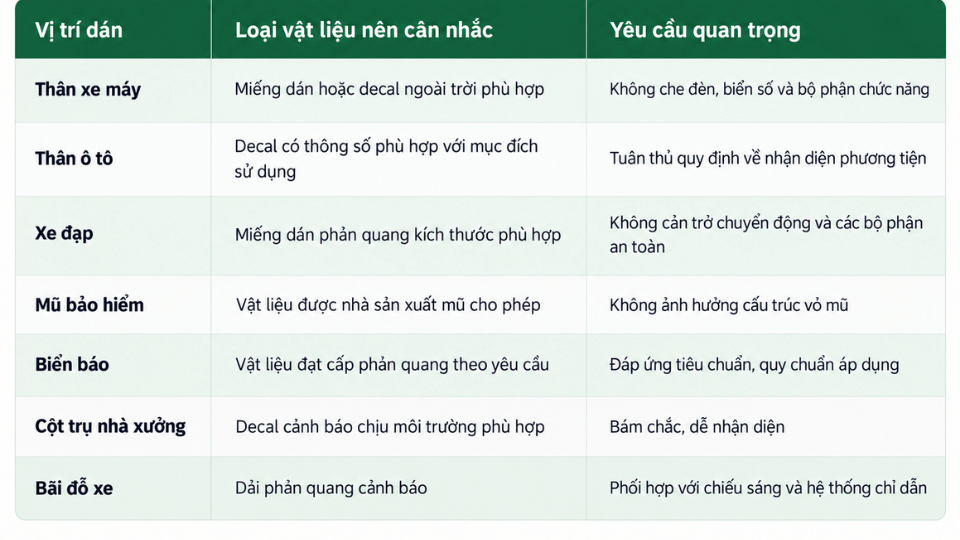 Bảng hướng dẫn lựa chọn Decal phản quang theo từng vị trí dán và yêu cầu sử dụng