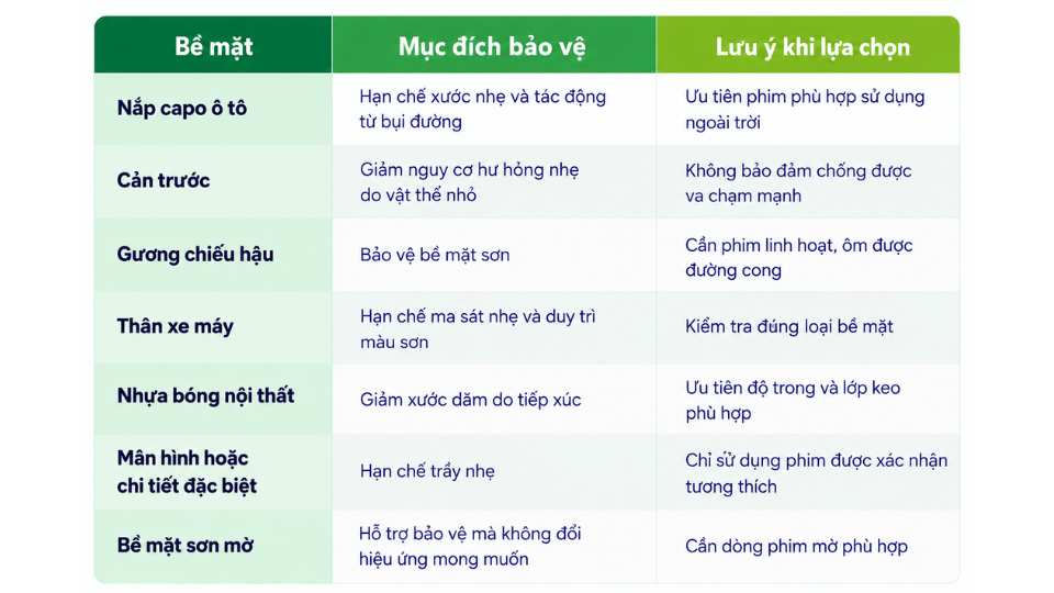 Bảng ứng dụng PPF bảo vệ bề mặt và những lưu ý khi lựa chọn